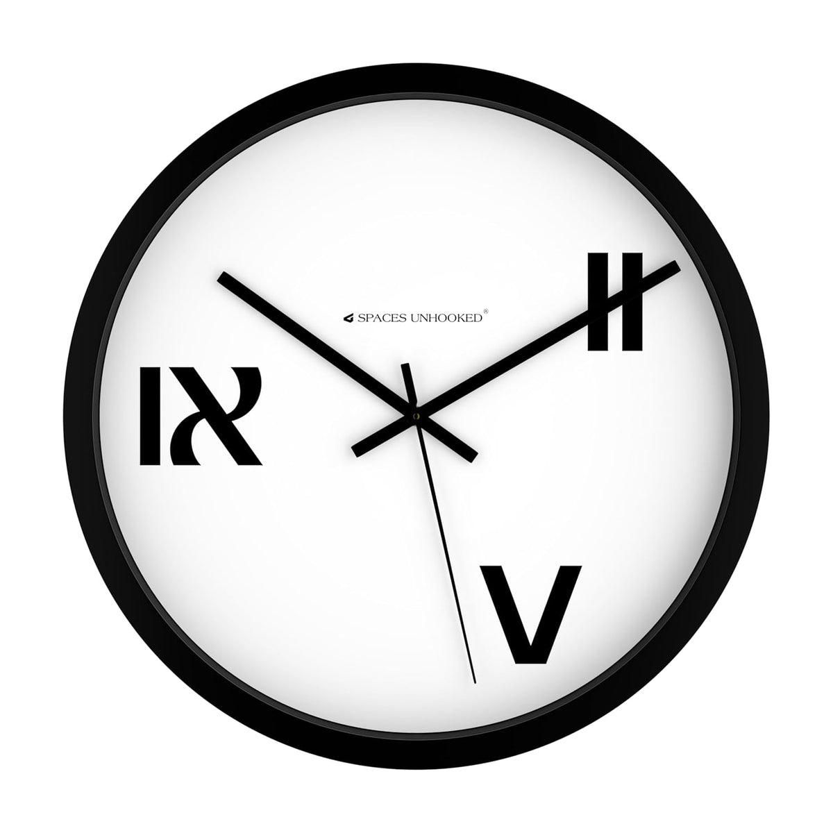 Black and white clock with Roman numerals on a white background