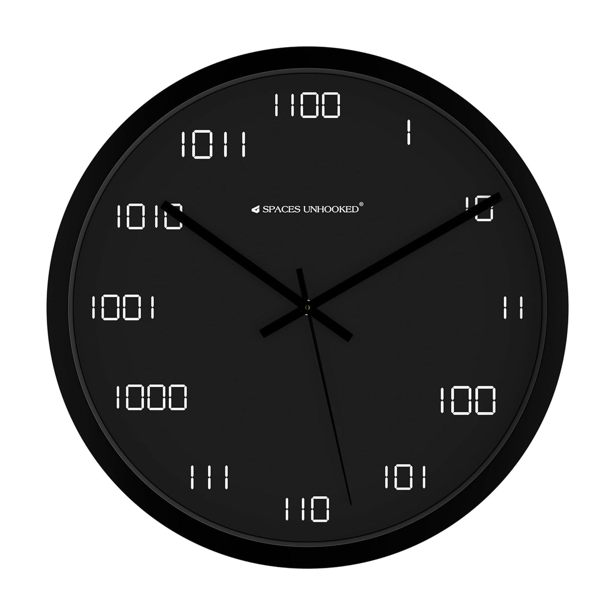 Black wall clock with digital and analog display on a white background