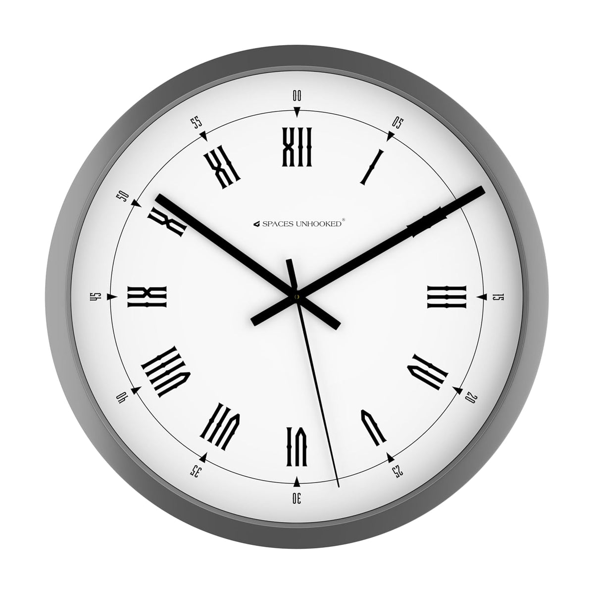 Wall clock with black Roman numerals on a white background
