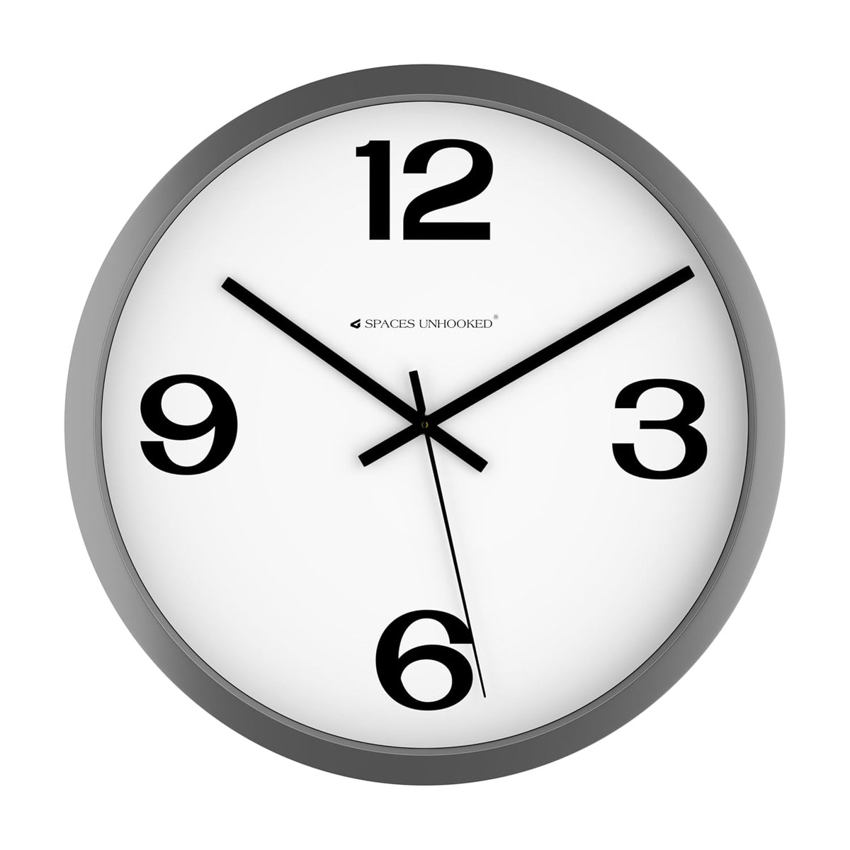 Wall clock with black numbers and hands on a white background