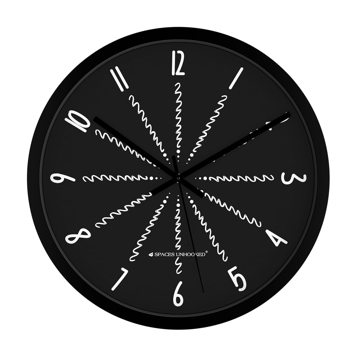 Black wall clock with white wavy numbers on a white background