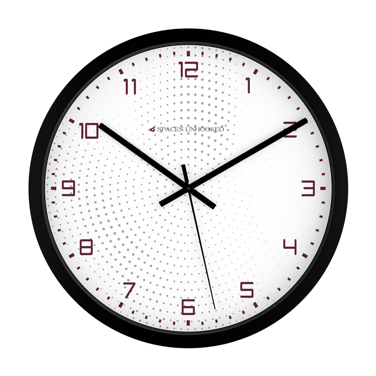 Wall clock with black frame and red numbers on a white background