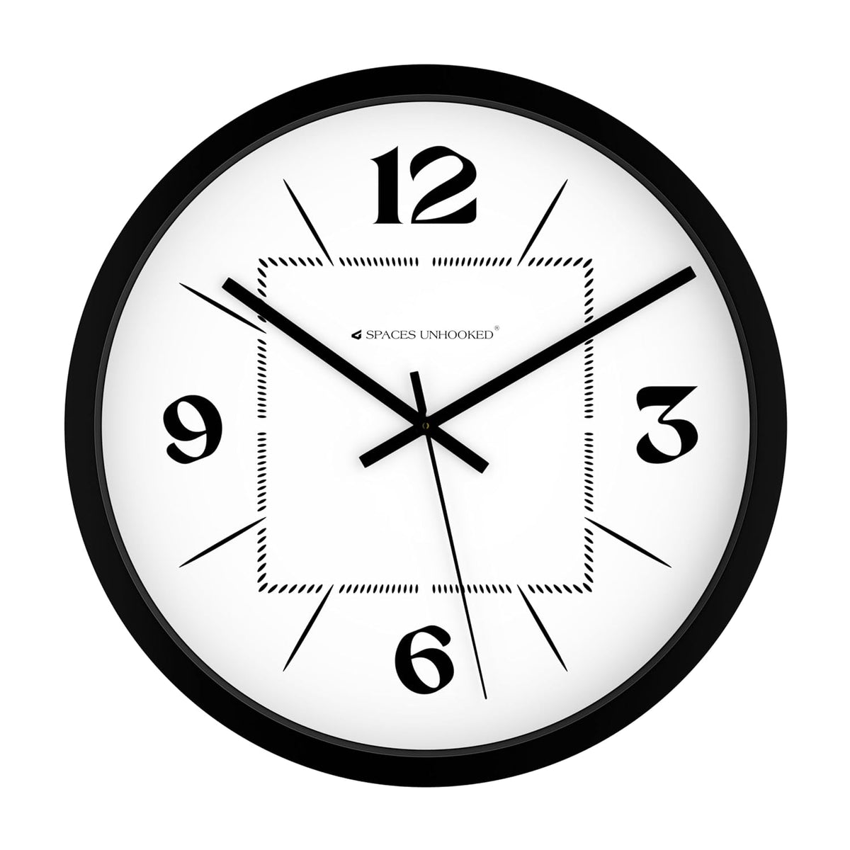 Wall clock with black frame and white face on a white background