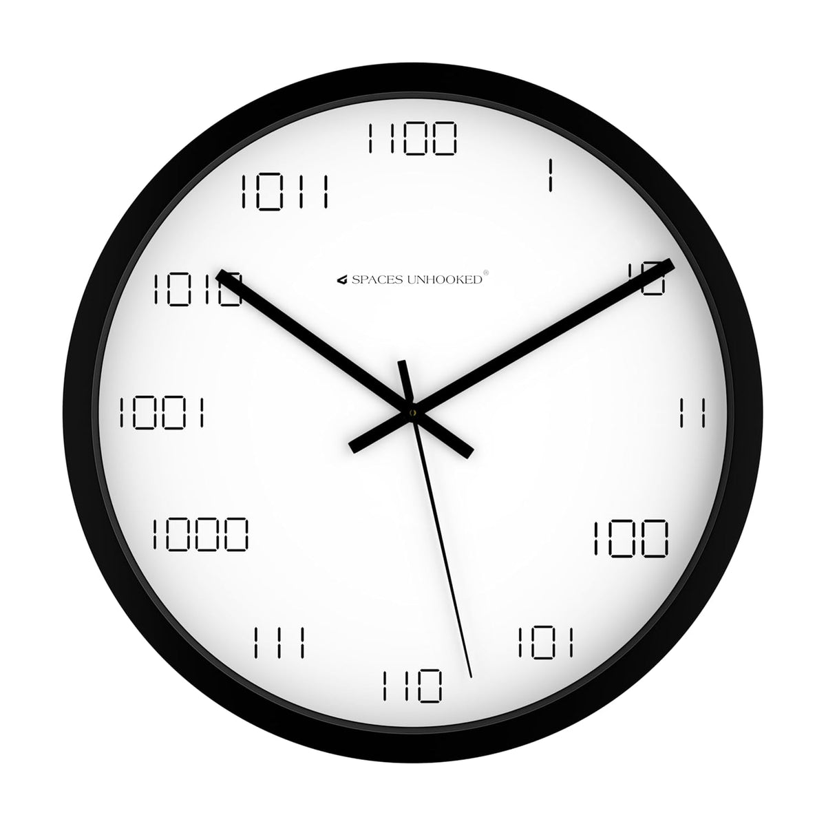Round wall clock with black frame and white face displaying time.