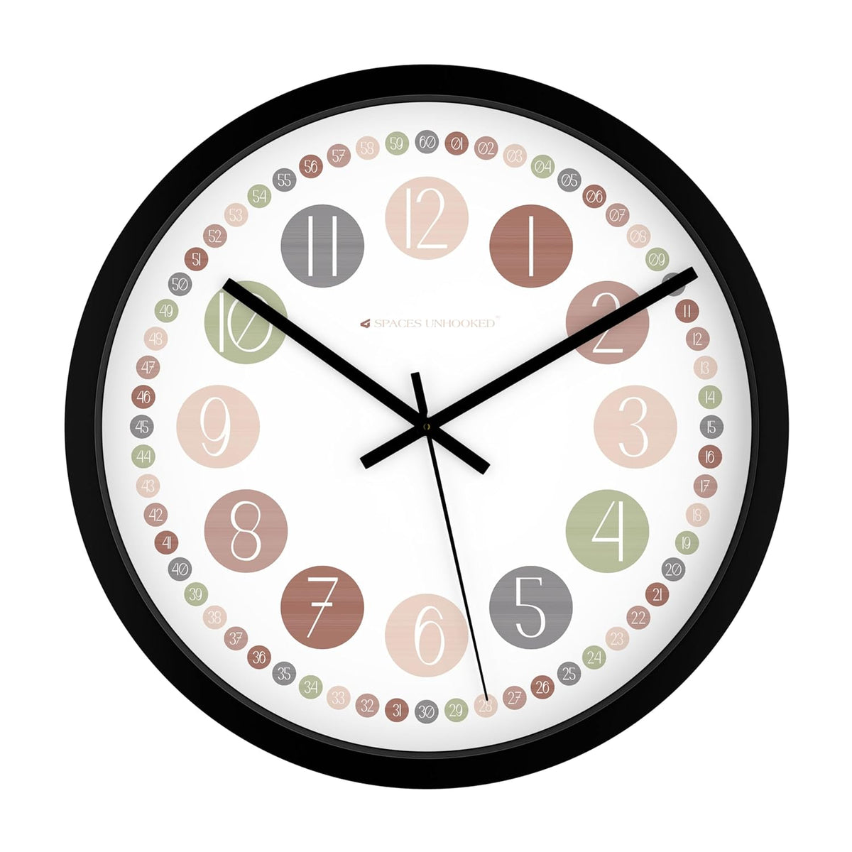 Round wall clock with colorful dot numbers on a white background