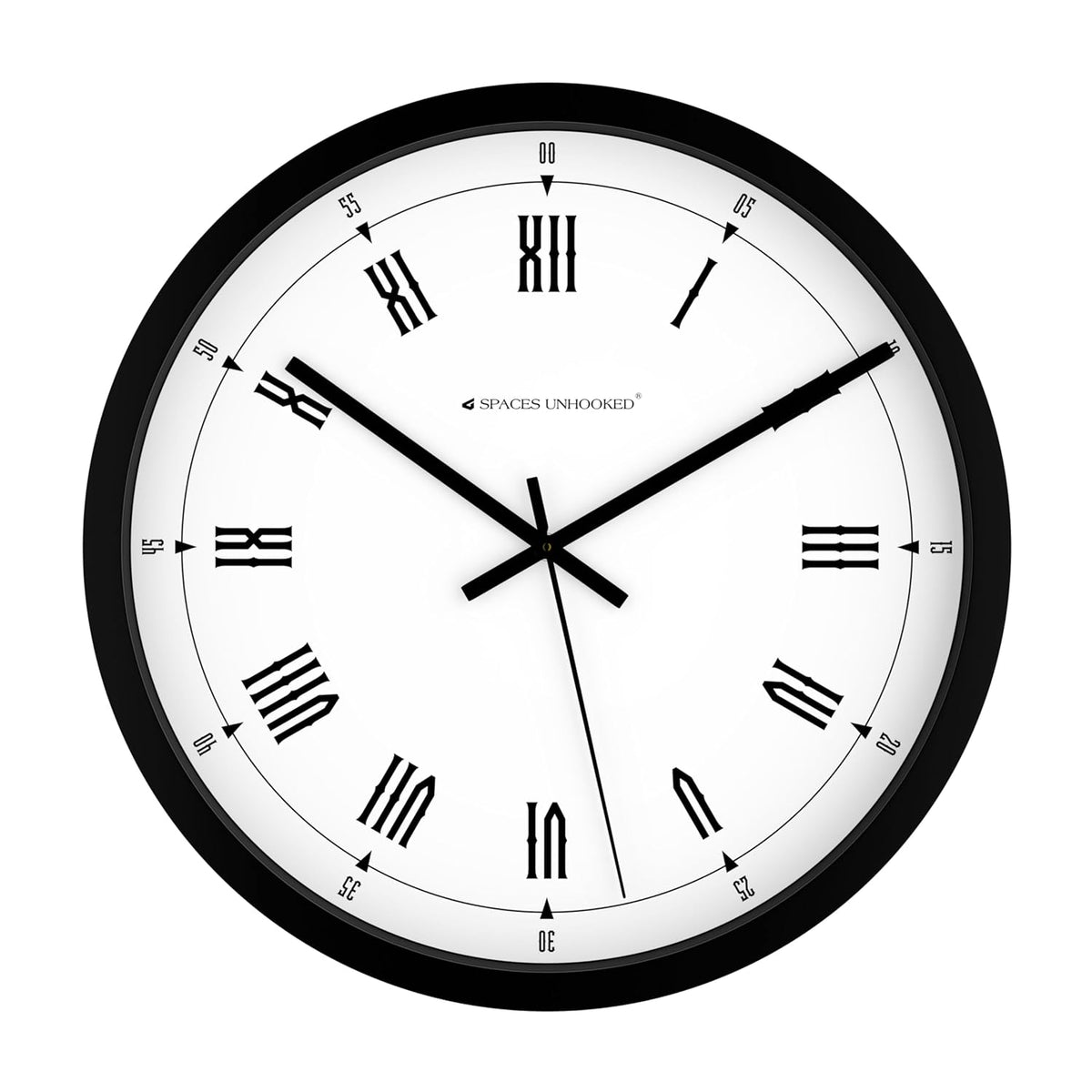 Wall clock with black Roman numerals on a white background