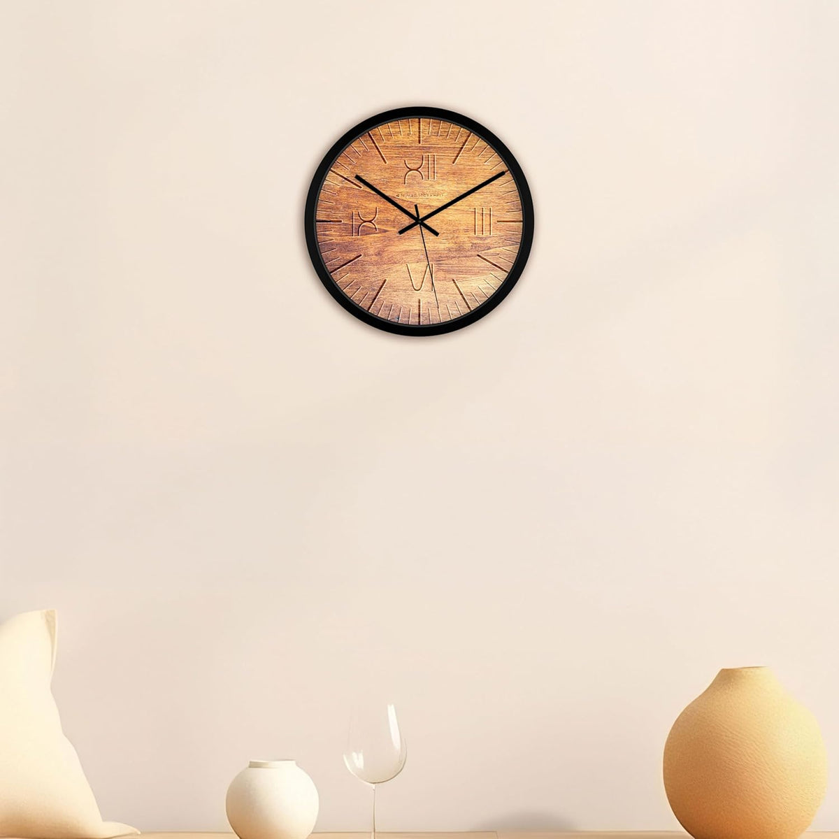 Vintage style round wall clock with natural wood texture and minimalist black hands