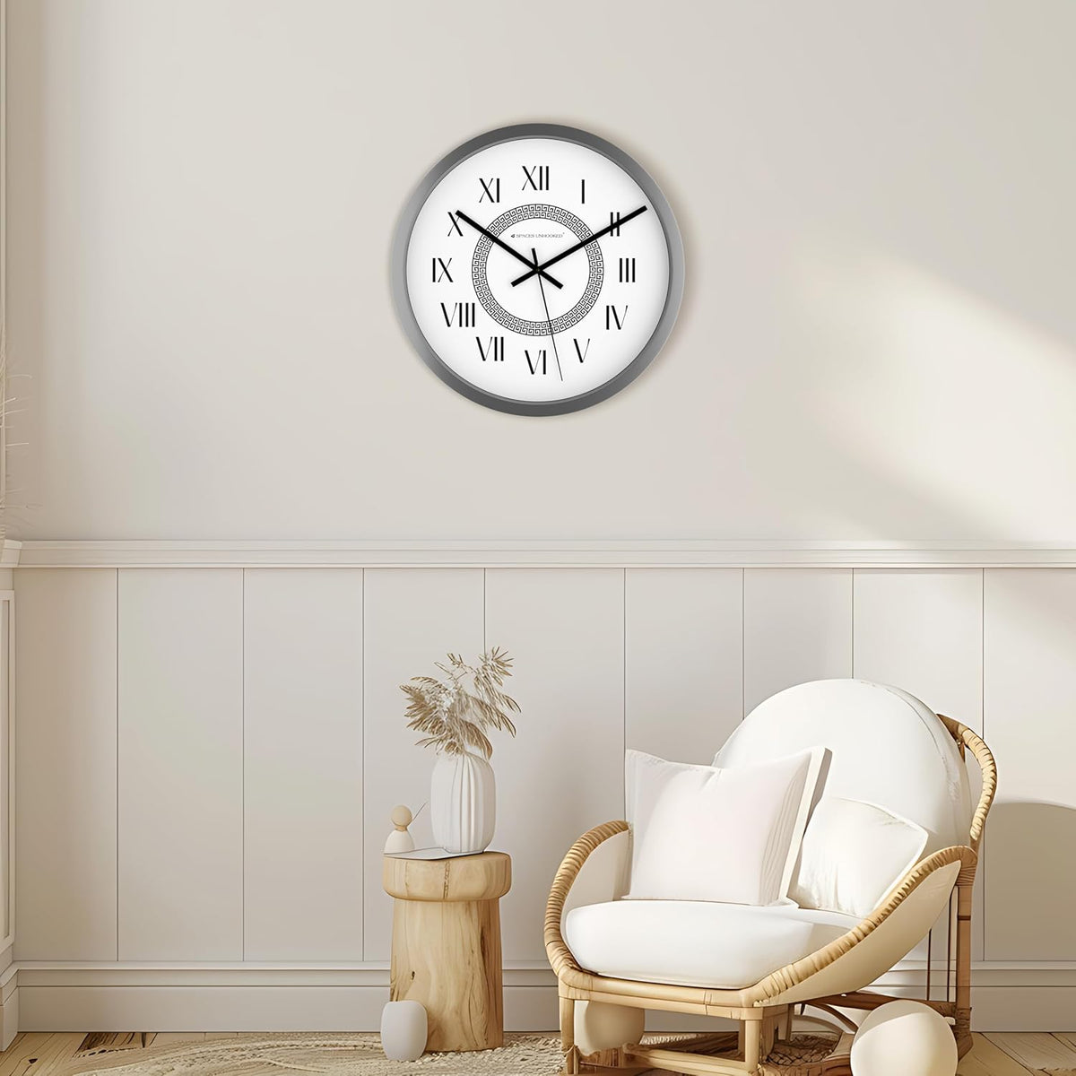 Wall clock on a wall above a chair and side table in a room.