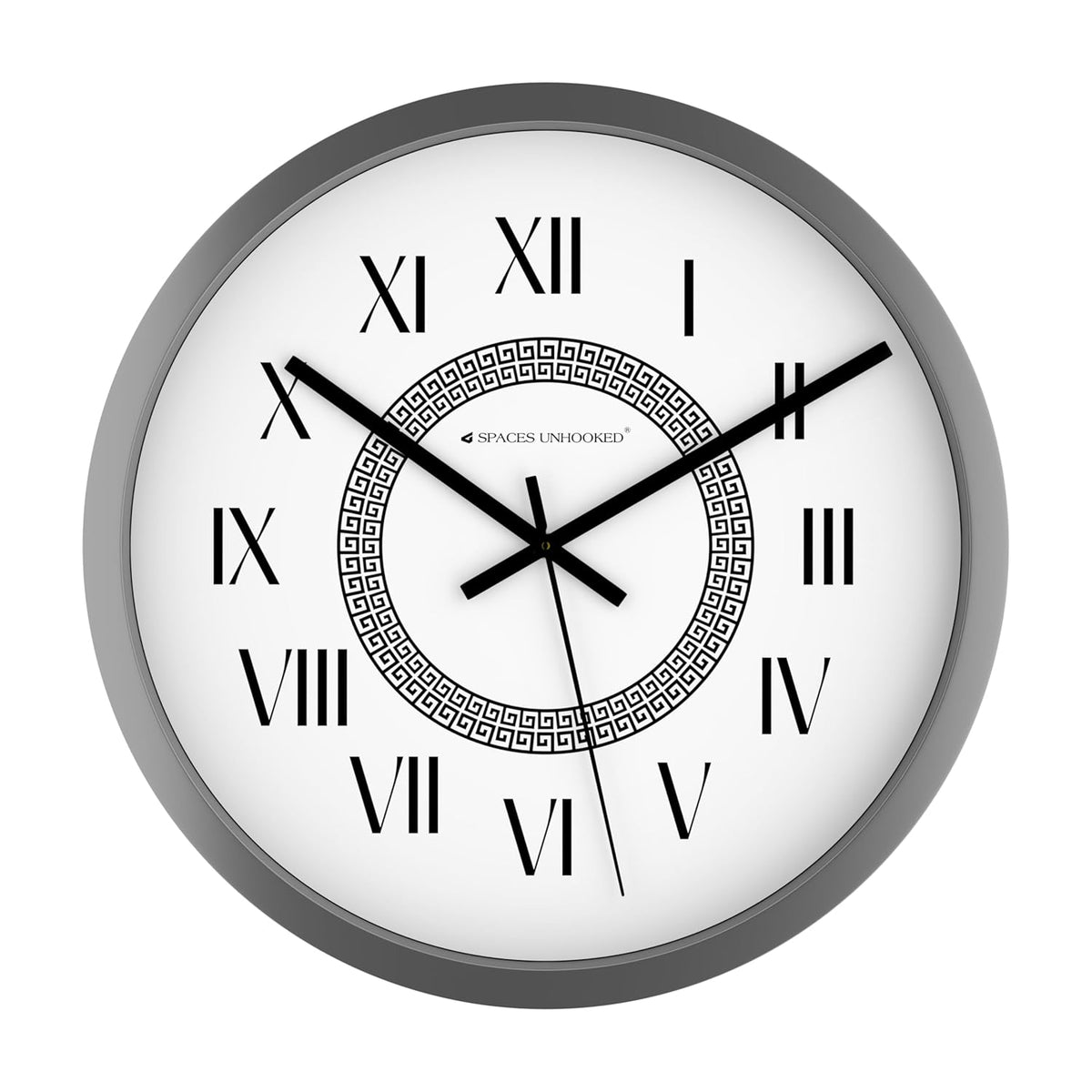 Wall clock with Roman numerals and a decorative border on a white background