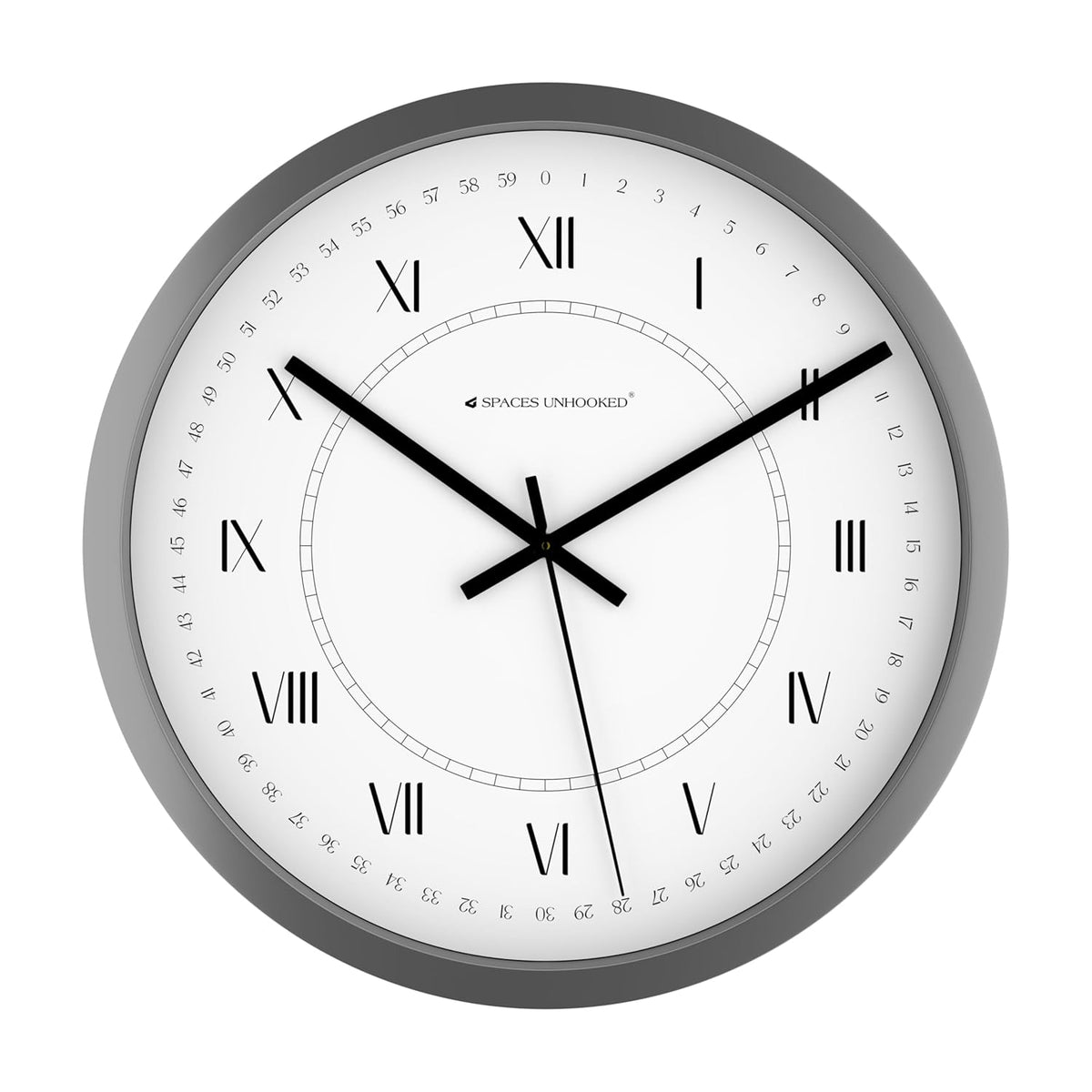 Wall clock with black Roman numerals on a white background