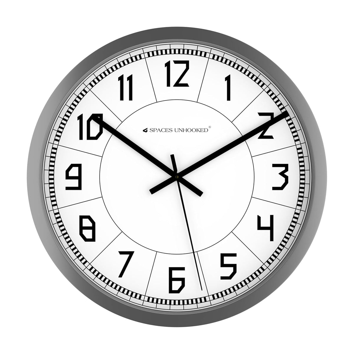 Wall clock with black numbers and hands on a white background