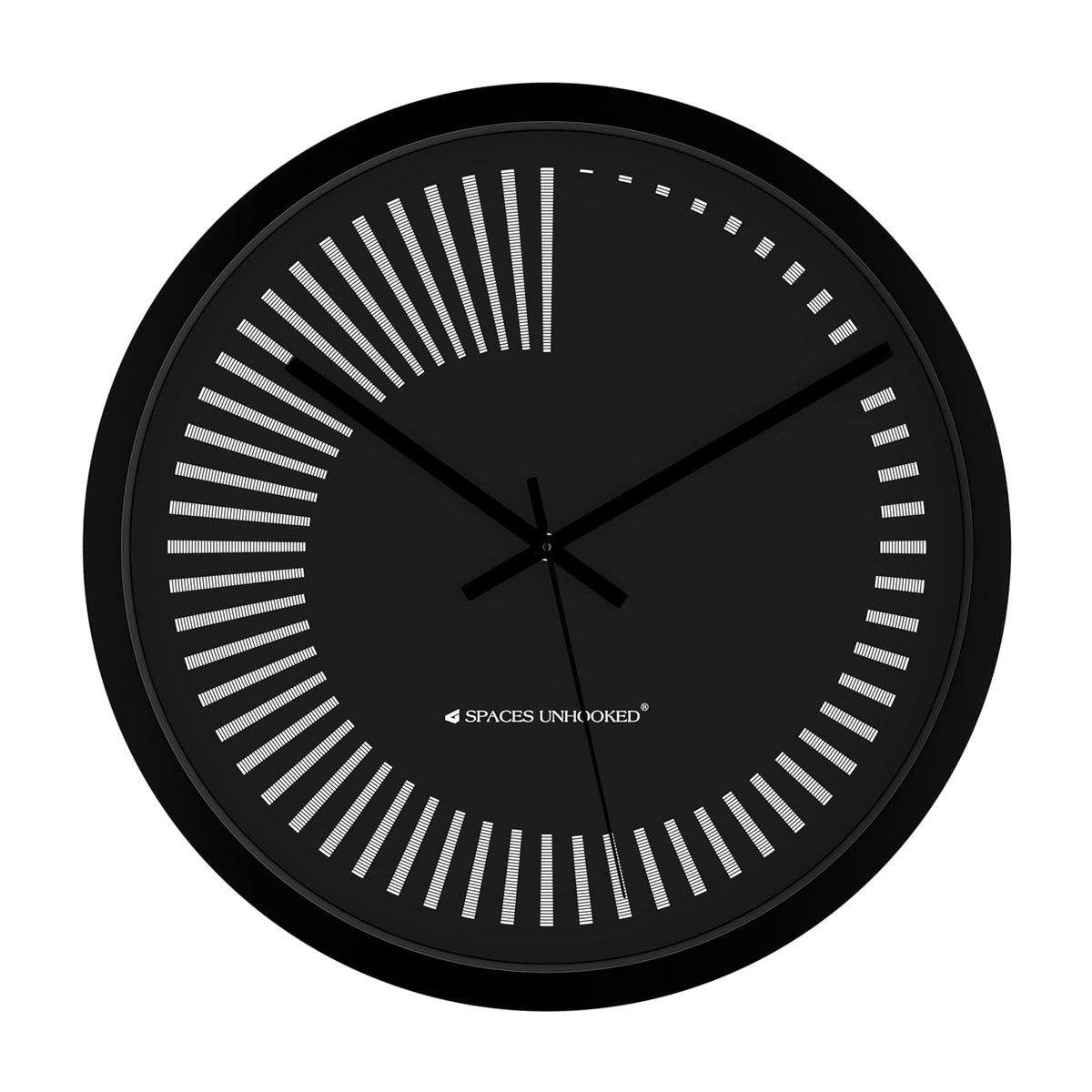Black wall clock with white hour markers on a white background