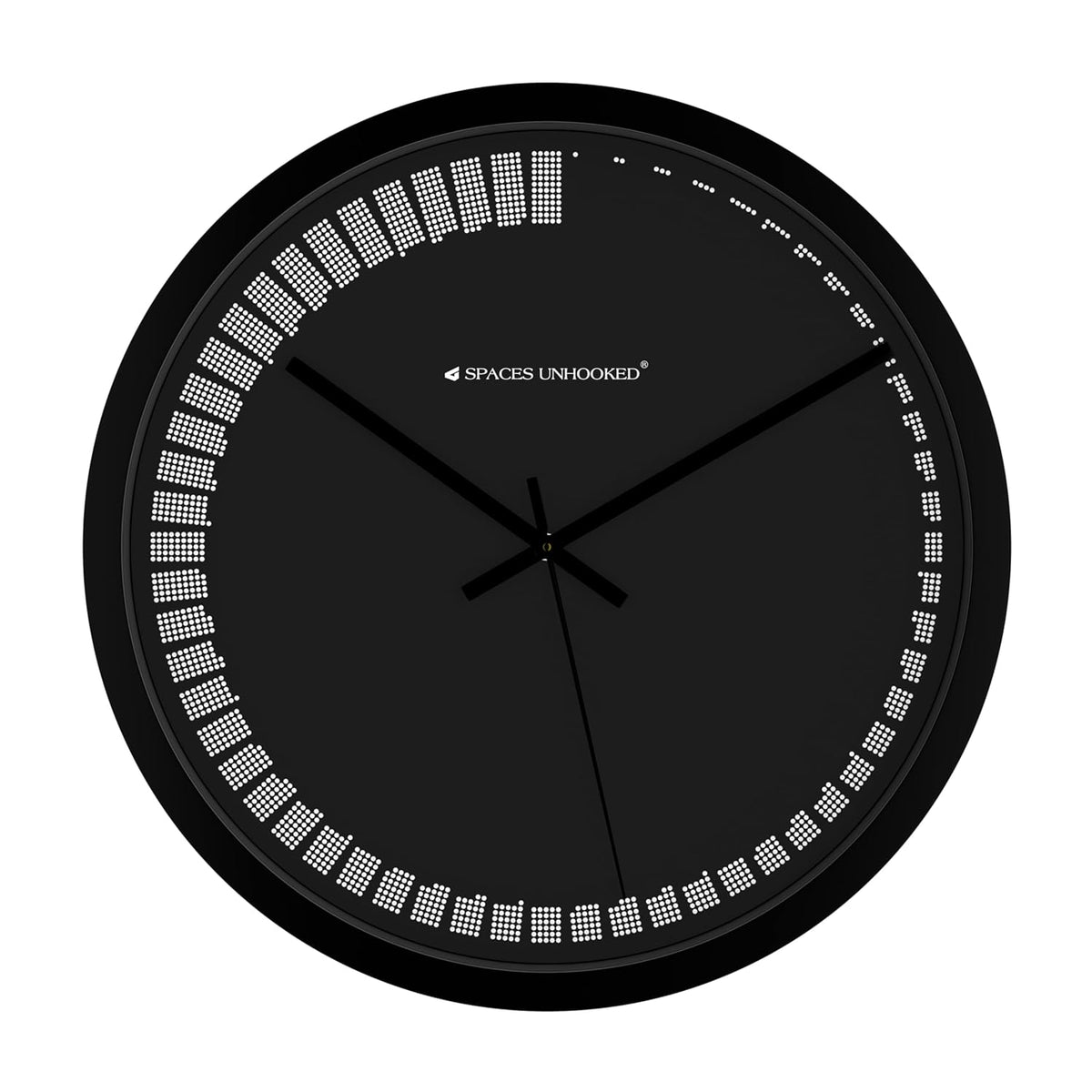 Black wall clock with decorative border on a white background