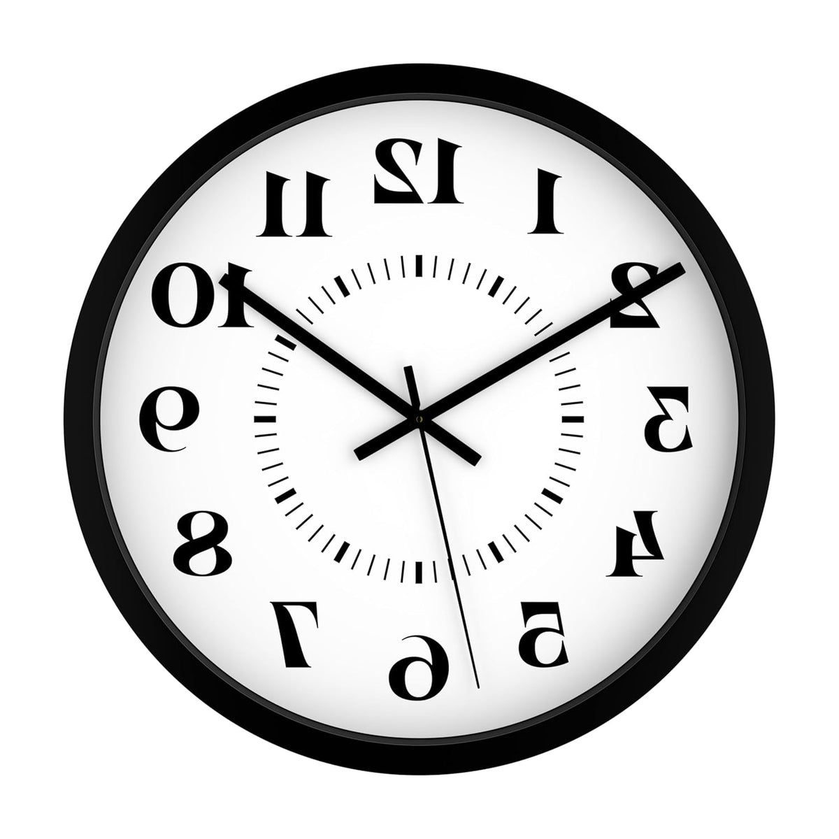 Round wall clock with black frame and white face displaying the time.