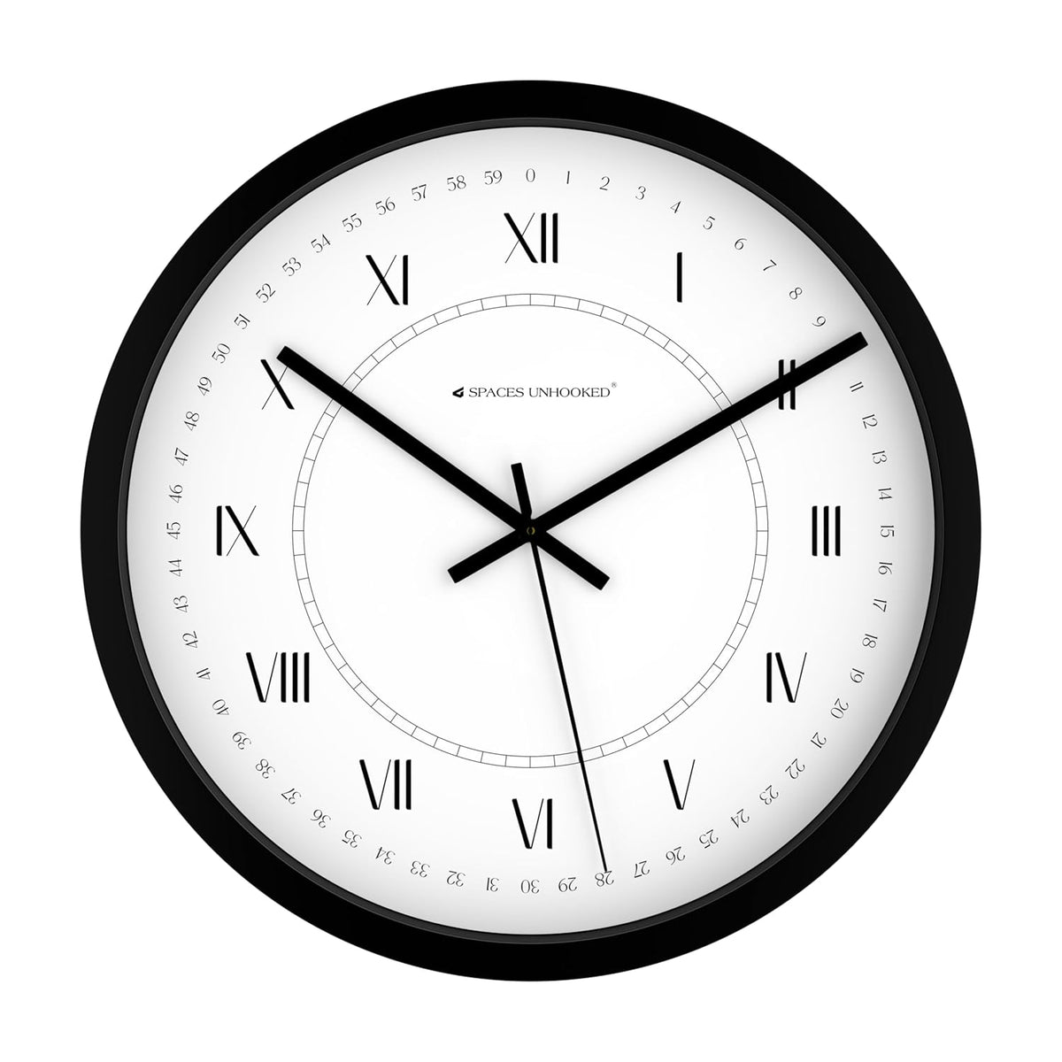 Round wall clock with black frame and white face displaying Roman numerals.
