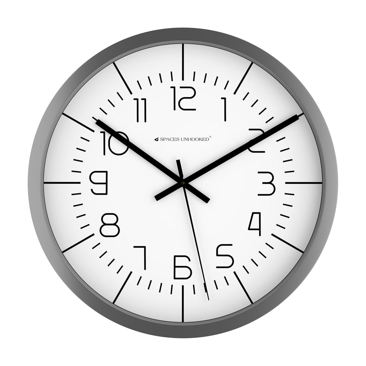 Wall clock with silver frame and white face on a white background