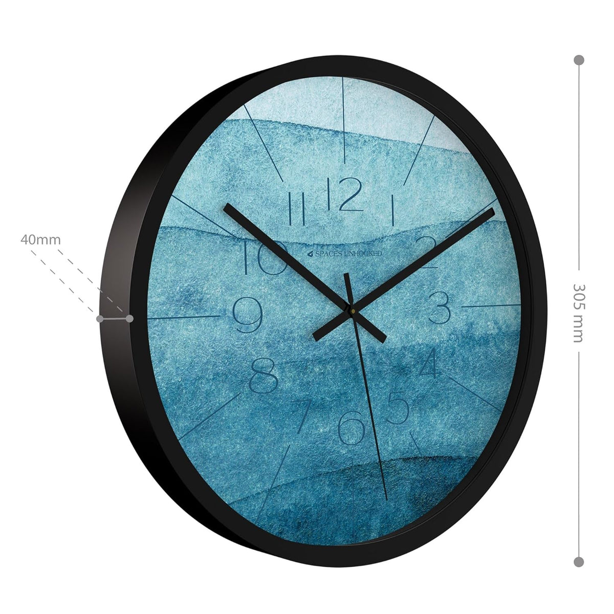 Contemporary round wall clock with watercolor pattern and sleek black hands