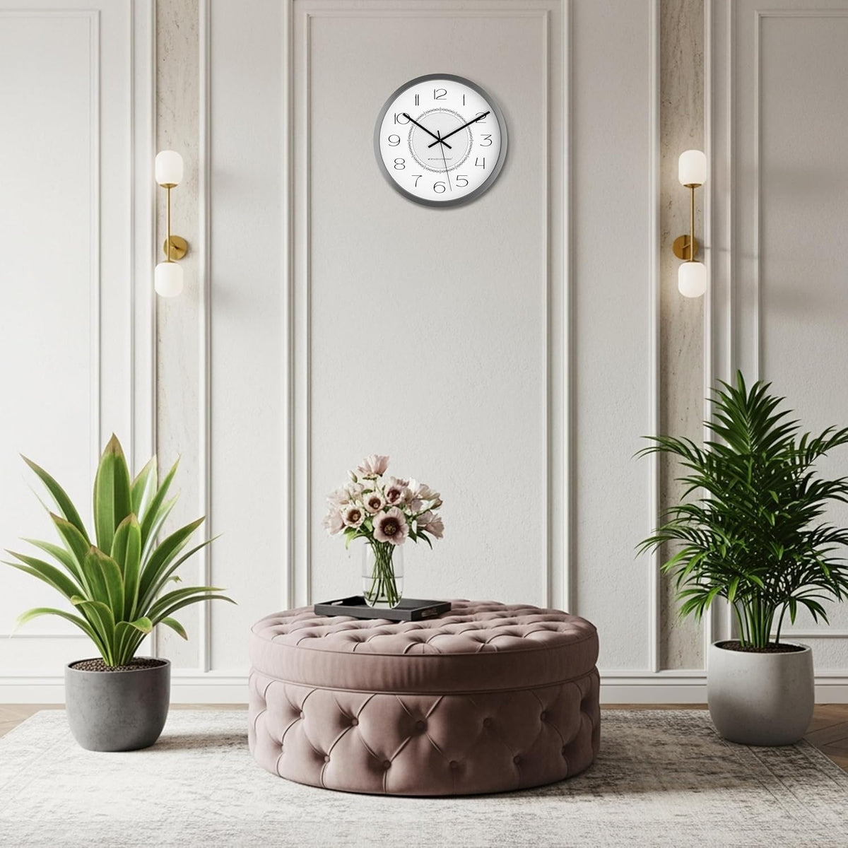 Contemporary round wall clock with clear numbers and sleek grey frame