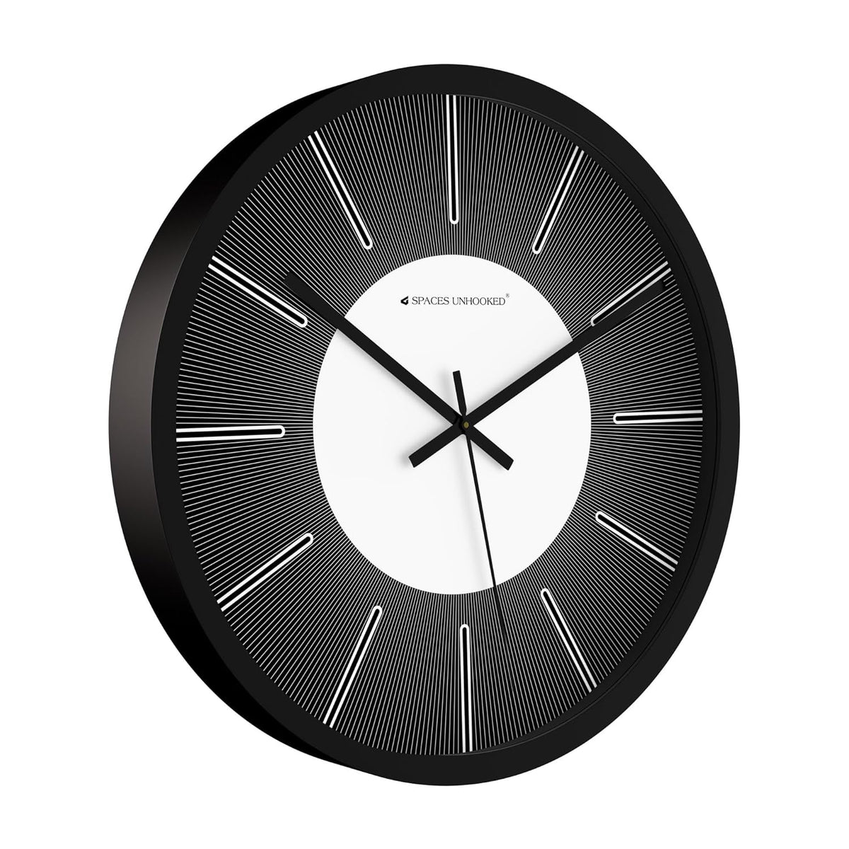 Minimalist black wall clock with fine line detailing and bold modern aesthetic
