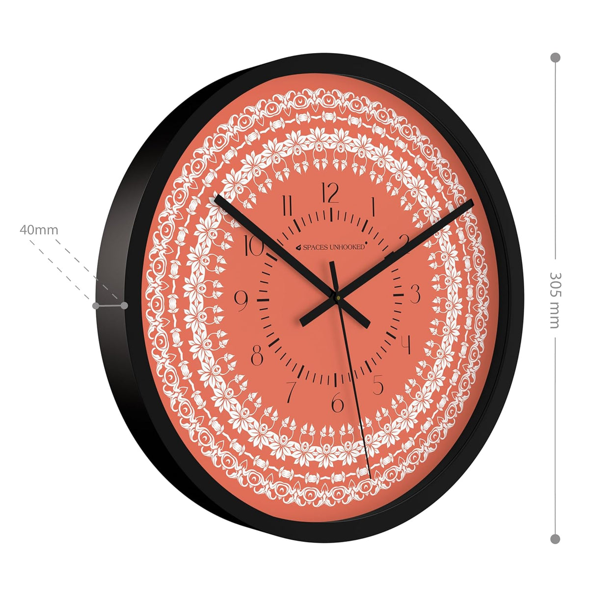 Artistic wall clock with floral circular pattern and minimalist black hands