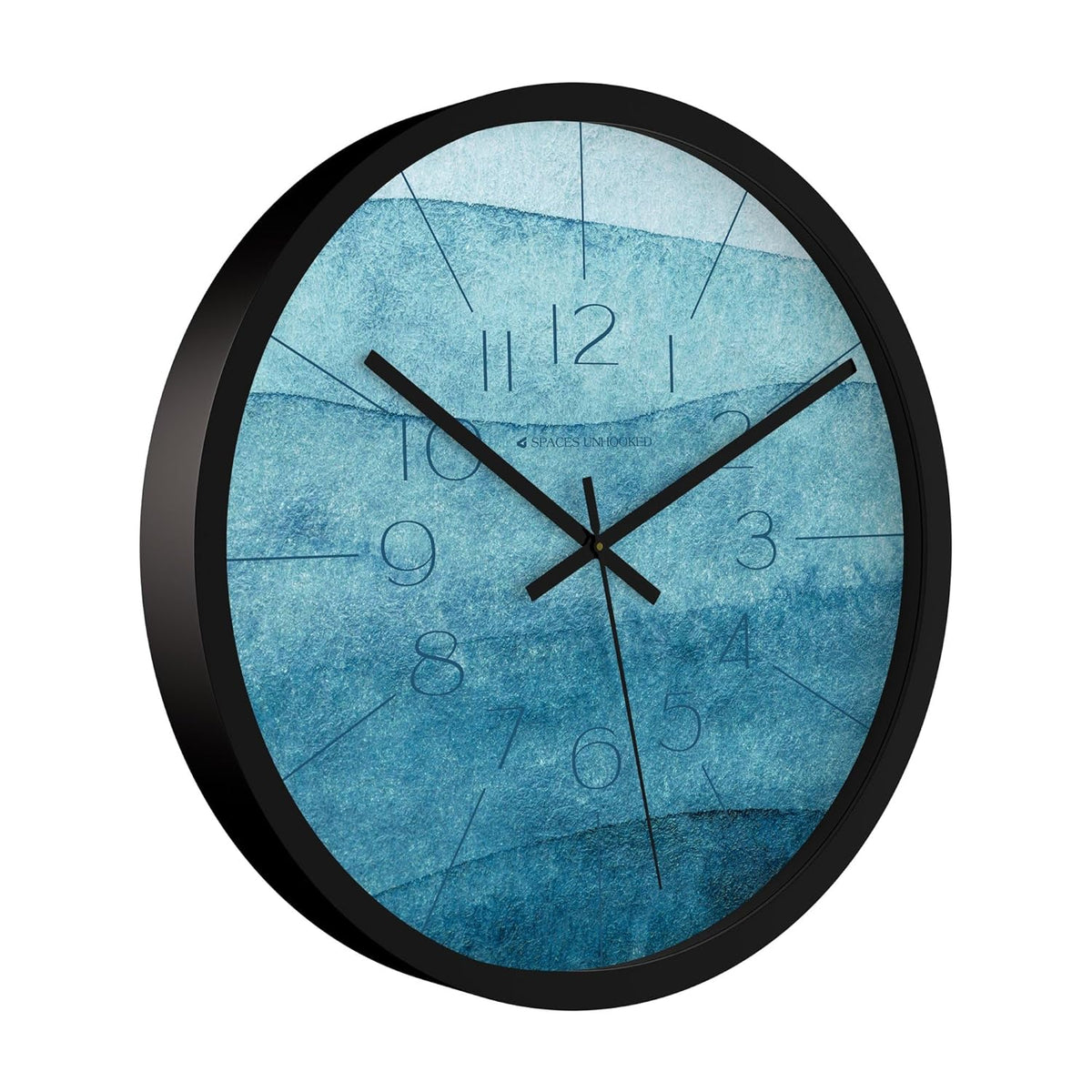 Abstract art wall clock with layered blue tones and minimalist hands