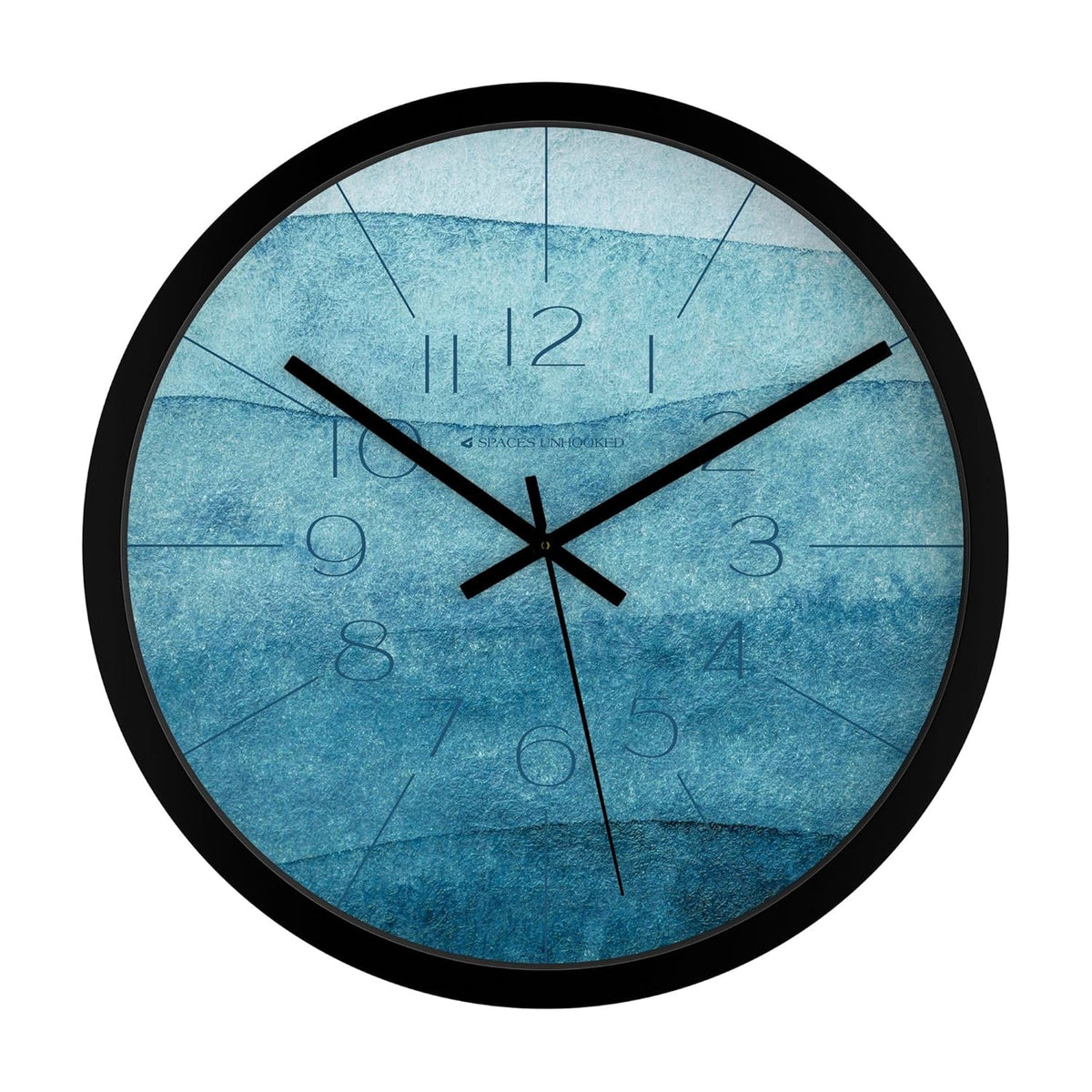 Modern blue abstract wall clock with watercolor design and black frame