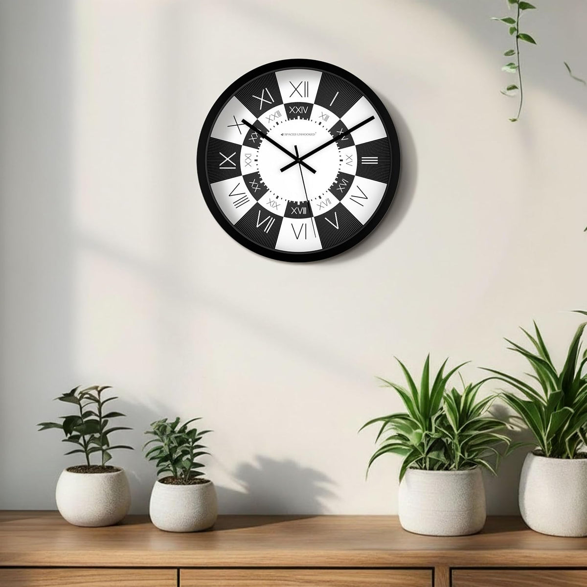 Wall clock with black and white design on a wall with plants below
