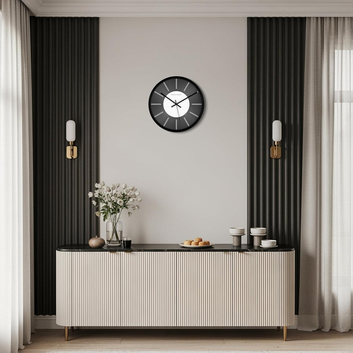 Contemporary round wall clock with abstract striped pattern and sleek black frame