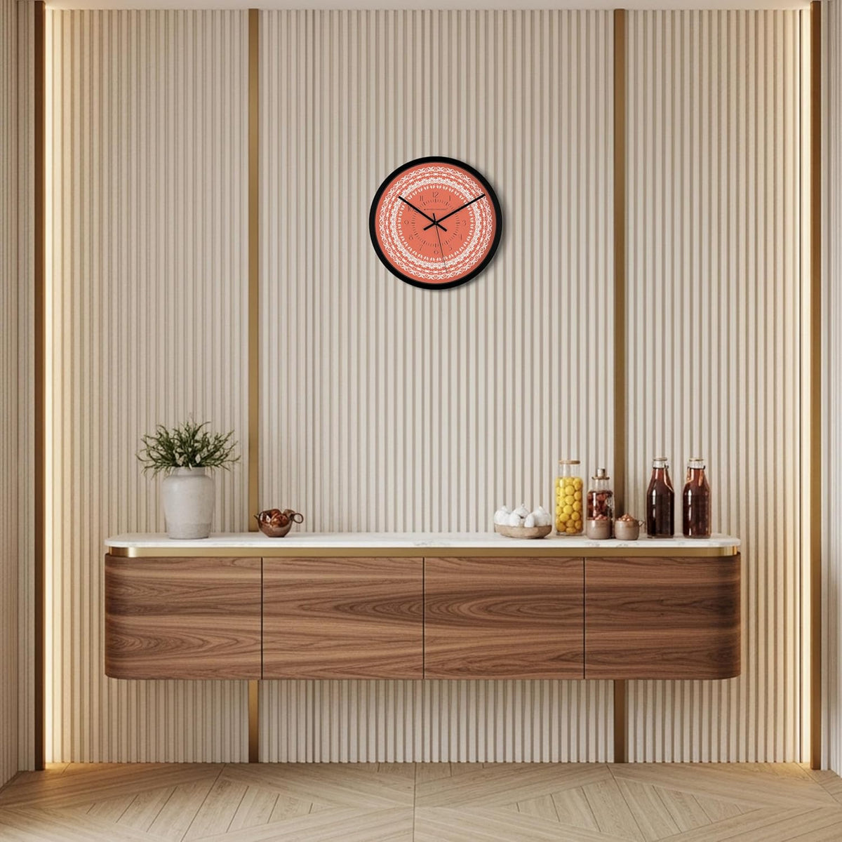 Stylish mandala design wall clock with coral orange background and elegant detailing