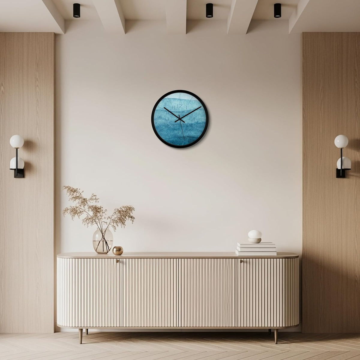 Artistic wall clock with ocean-inspired blue texture and minimalist numerals