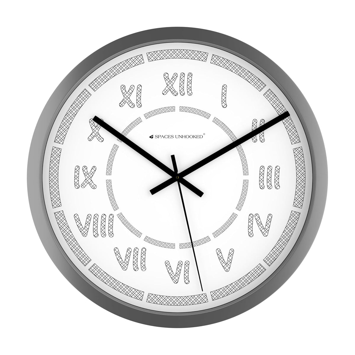 Wall clock with silver frame and white face displaying Roman numerals.