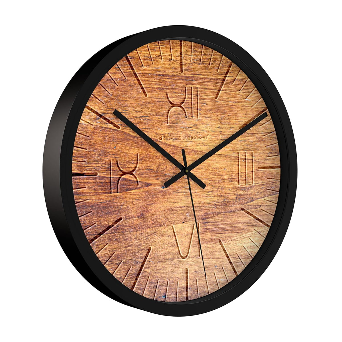 Large rustic wall clock with Roman numeral markings and sleek black frame