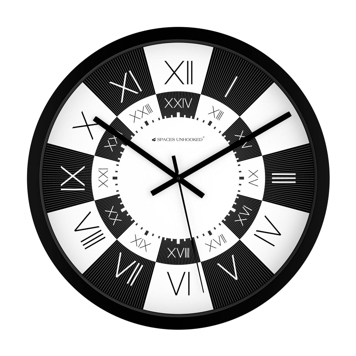 Black and white clock with Roman numerals on a white background