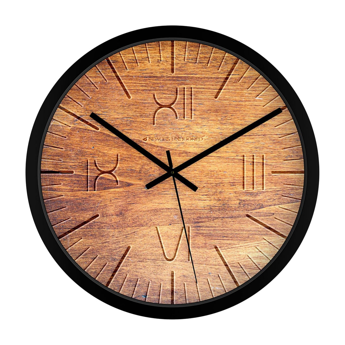 Rustic wooden wall clock with engraved Roman numerals and black metal frame