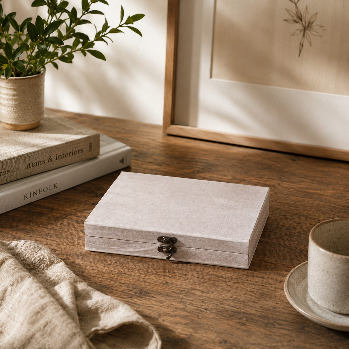 Wooden box on a wooden surface with a plant and books in the background