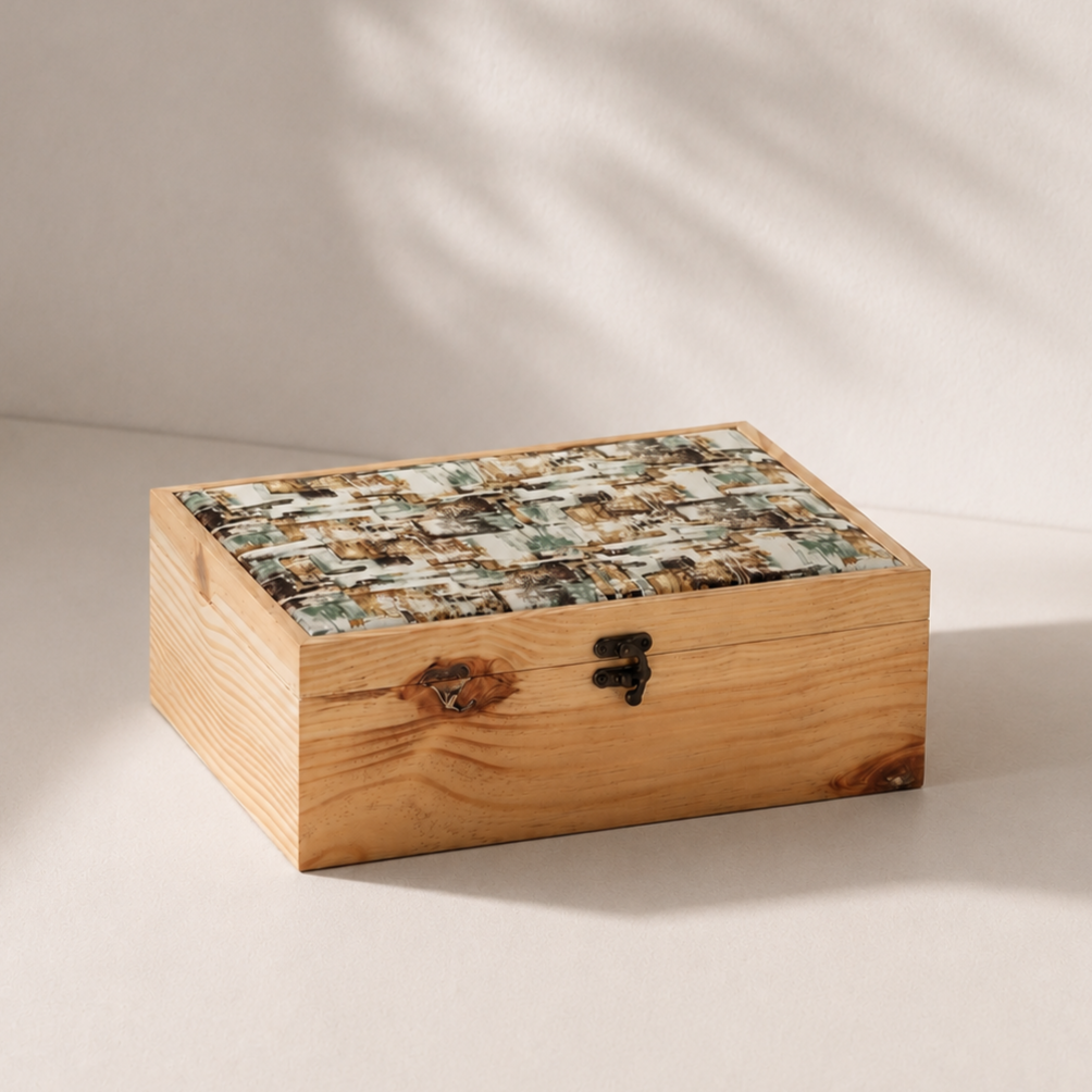 Wooden box with a patterned lid on a neutral background