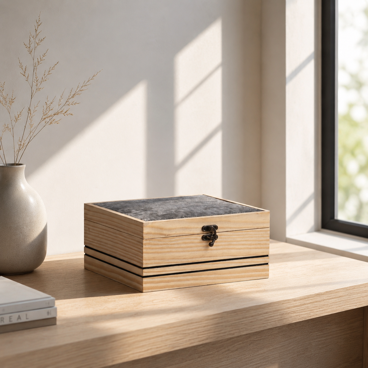 Wooden jewelry box on a wooden surface with a vase and books in the background