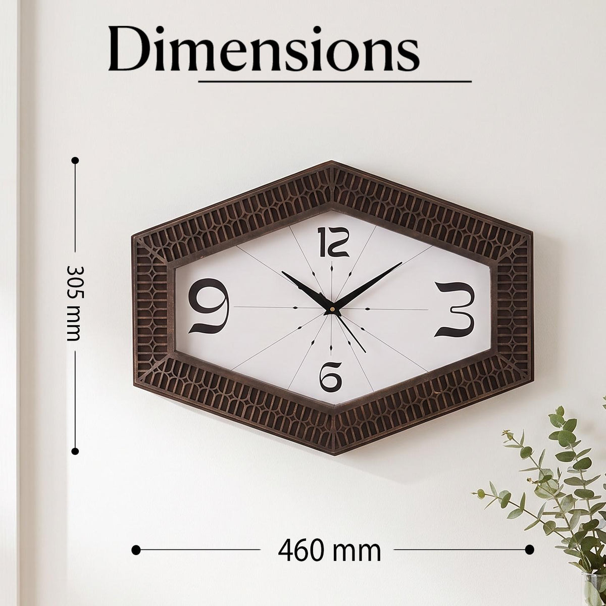 Spaces Unhooked Hexagonal Wall Clock, Dark Brown Lattice Frame
