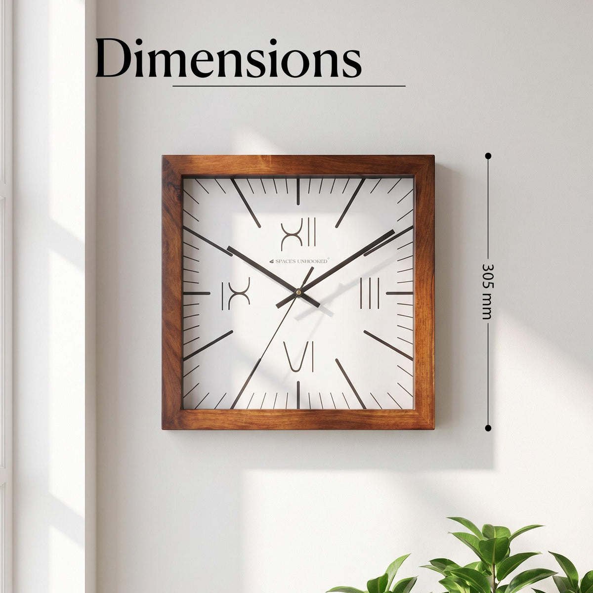 Brown wooden wall clock in a study with shelves of books, brass decor and leather chair