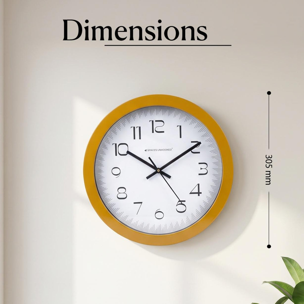 Yellow round wall clock above a grey sofa in a retro Scandinavian living room with wood decor