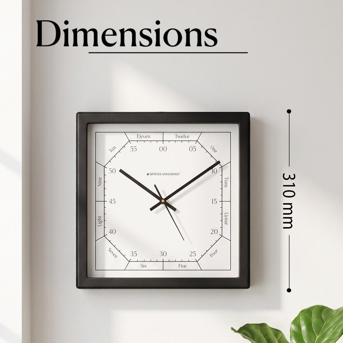 Close-up of hour words and five-minute numbers on a white square clock dial