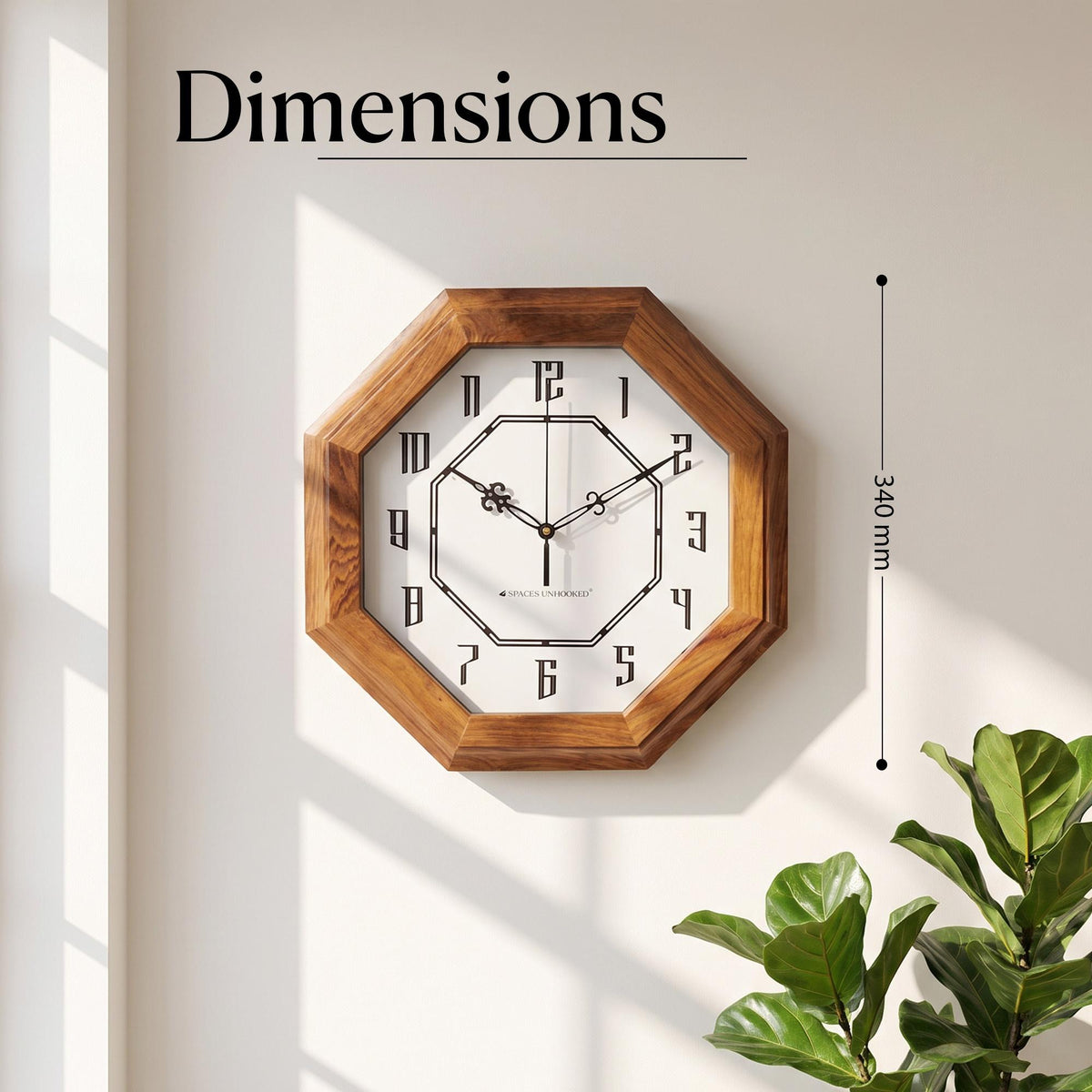 Art deco octagon wall clock on a living room wall above a console