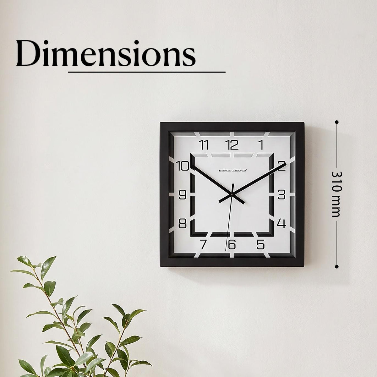 Black square wall clock frame with a crisp even profile, close-up view