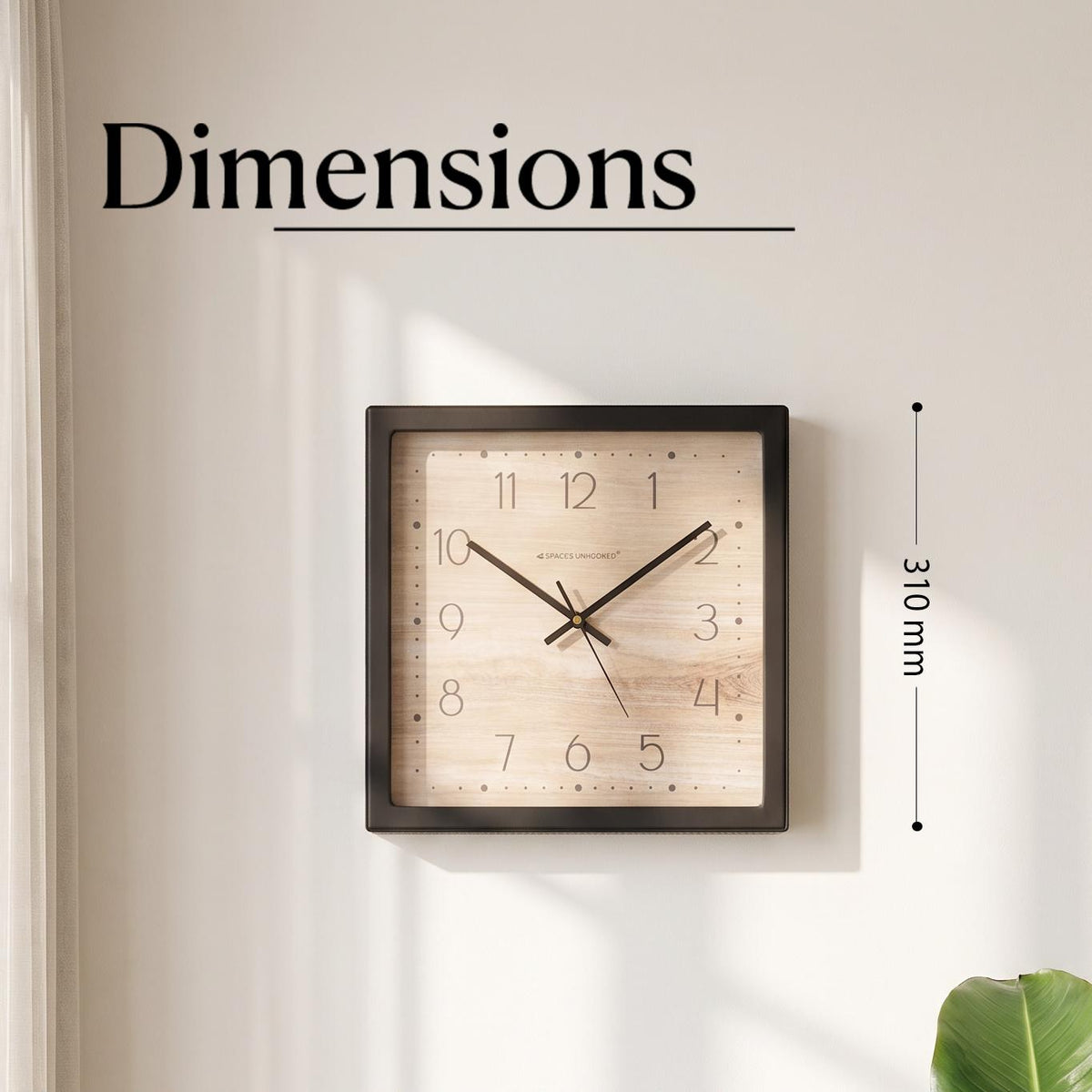 Close-up of slim numerals 1 to 12 and dotted border on a wood-grain clock dial