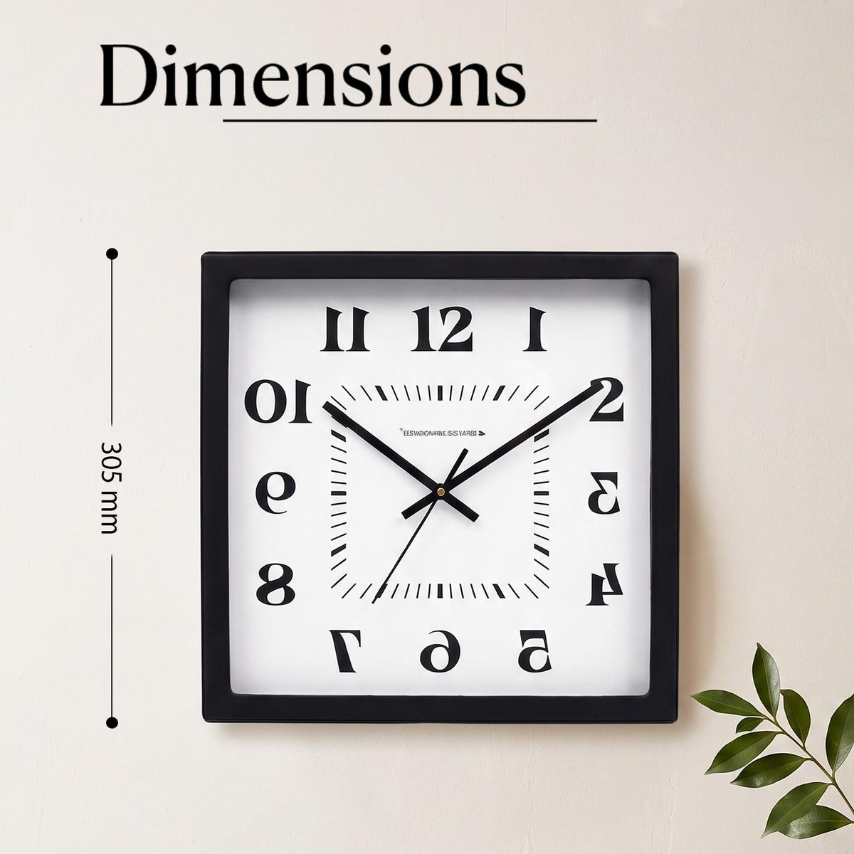 Close-up of mirror-image numerals and an inner square minute track on a white clock dial
