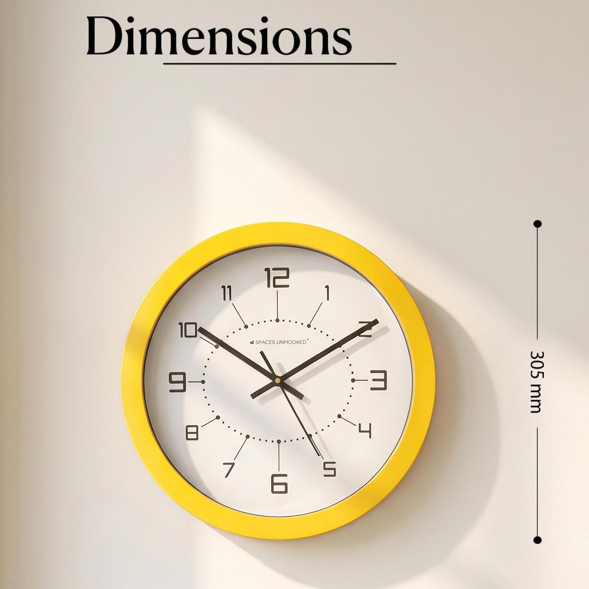 Yellow wall clock in a kids room or playroom with white shelves and colourful toys