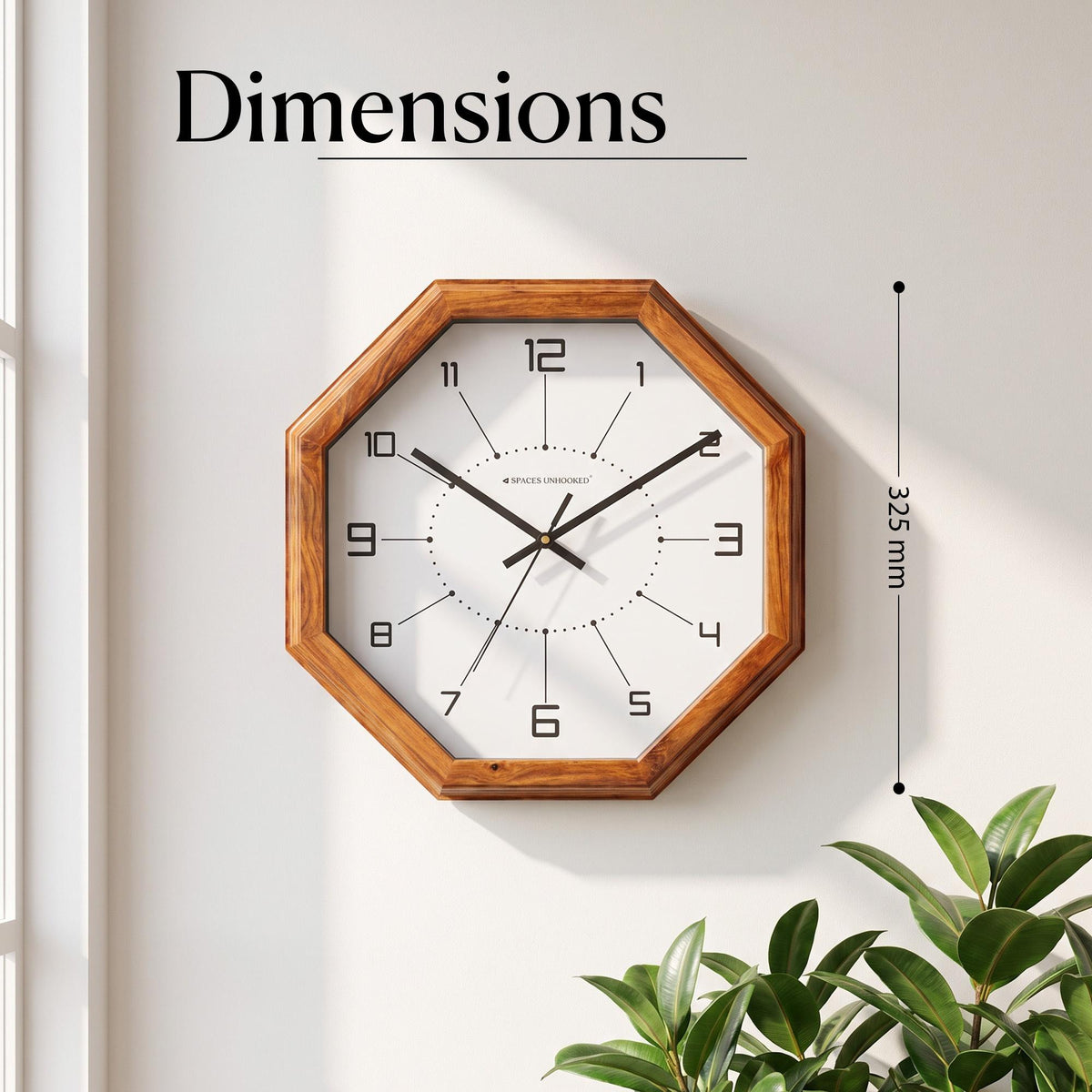 Dotted ring octagon wall clock on a home office wall above a desk