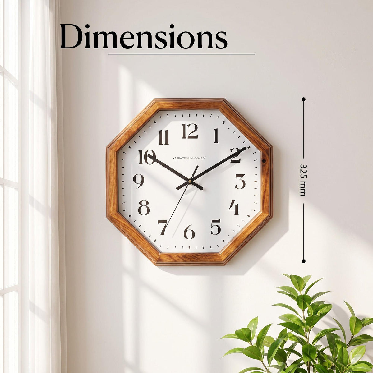 Bold serif octagon wall clock on a dining room wall above a sideboard