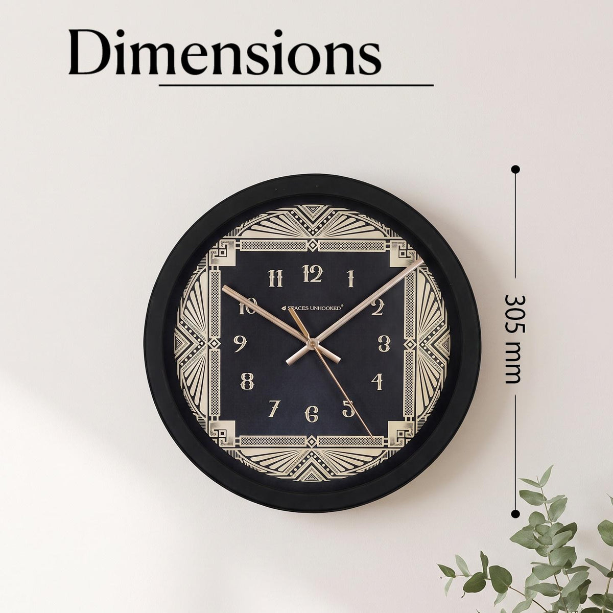 Spaces Unhooked Art Deco Round Wall Clock, Black and Cream