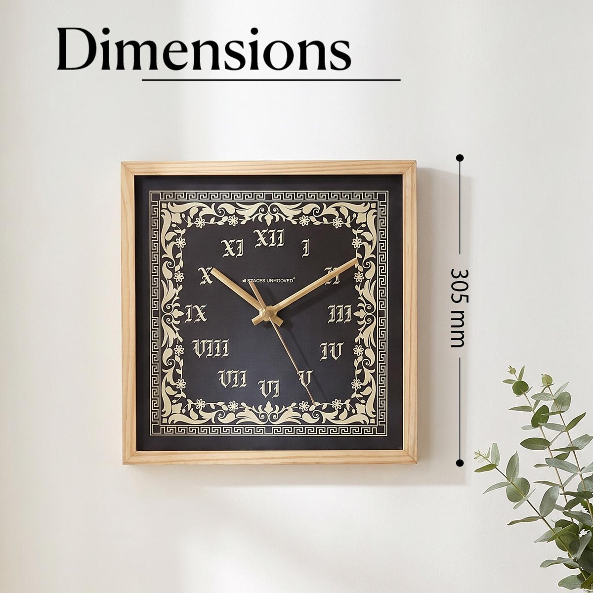 Spaces Unhooked Square Wooden Wall Clock, Black Dial, Roman Numerals